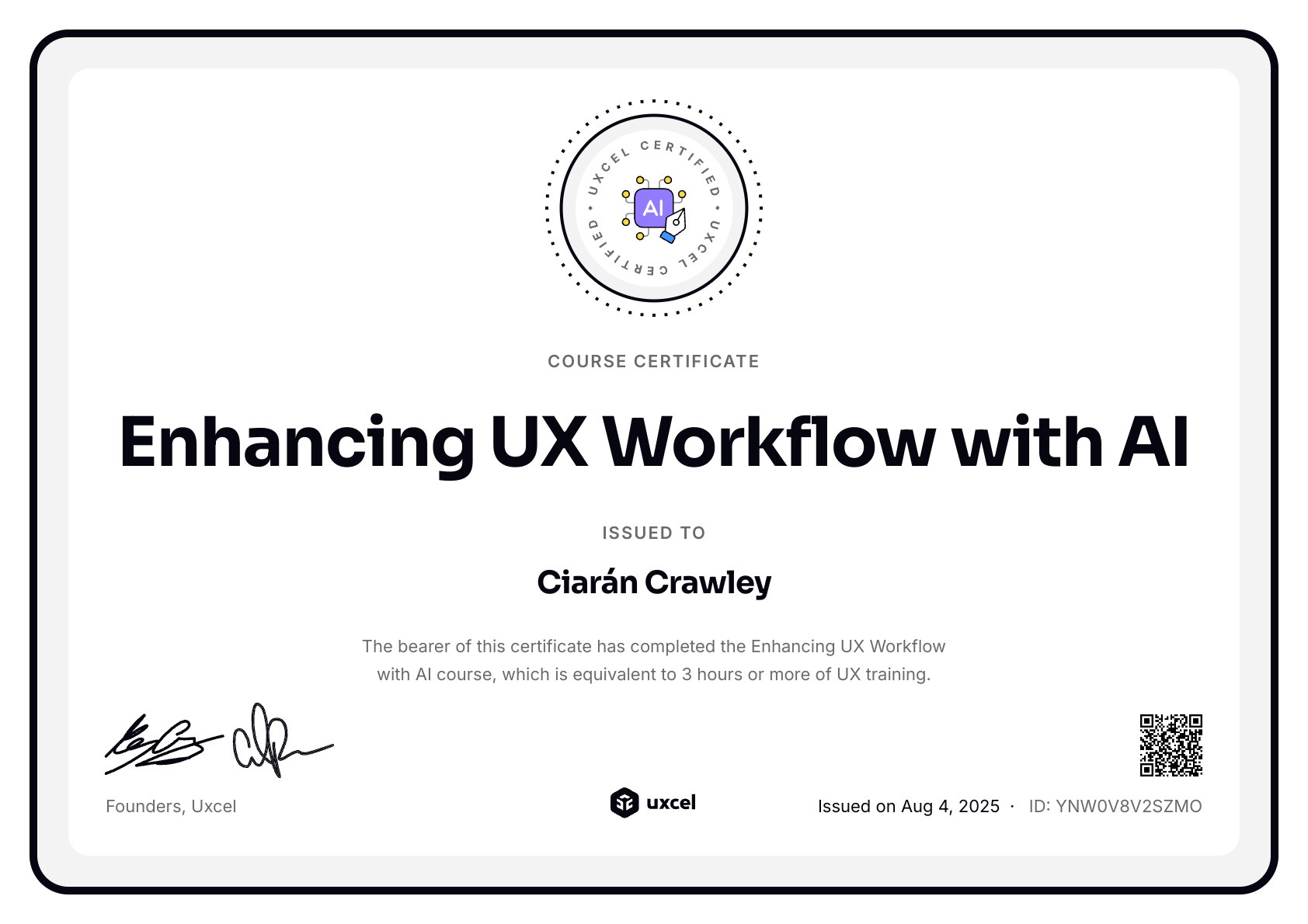 Ciarán Crawley's certificate